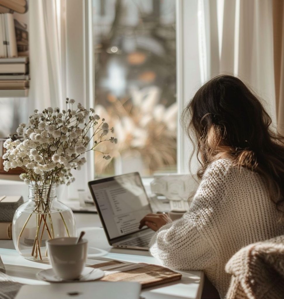 image d'une developpeur freelance travaillant sur son ordi dans son bureau.